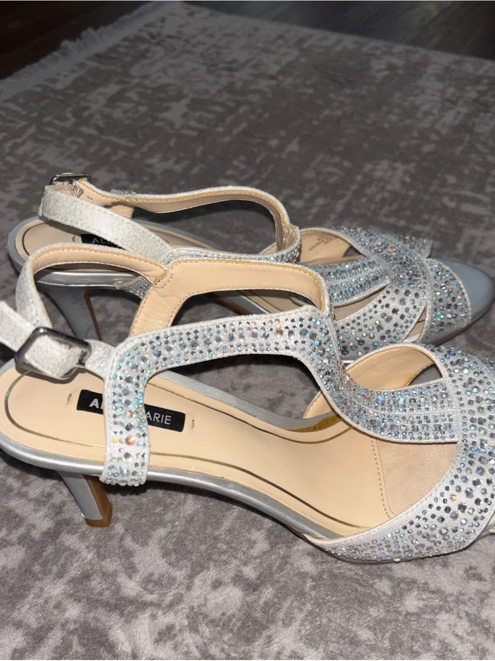 Alex Marie Silver Crystal Embellished T-Strap Heels
